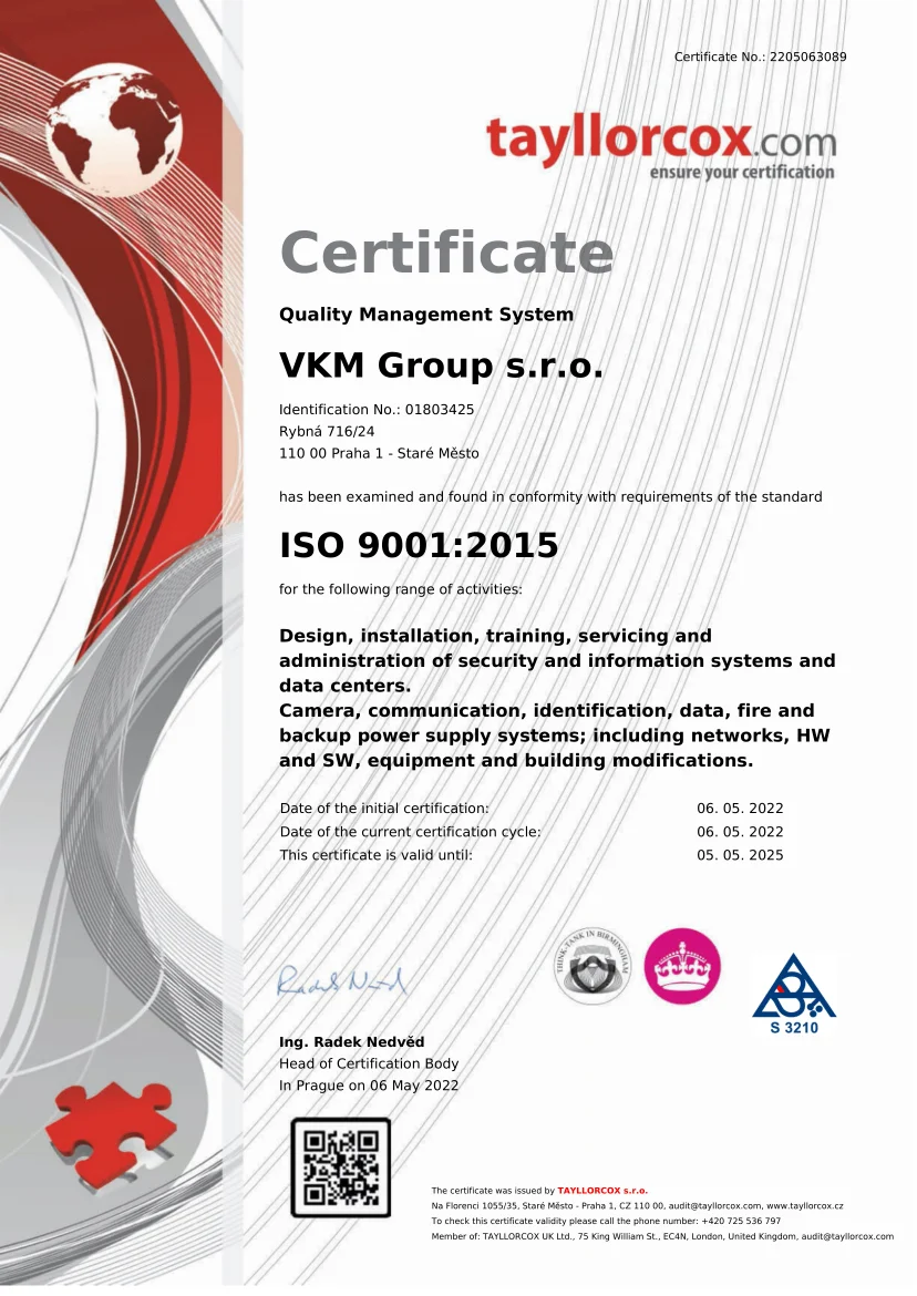 Certifikát ISO 9001:2015 pro VKM Group s.r.o., vydaný certifikačním orgánem TAYLLORCOX